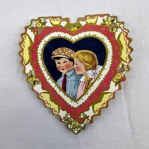 Vtg 1930s 1937 Valentine's Day Holiday Die Cut Heart Boy Girl Double Side Card